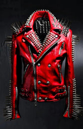 Women’s Red Spiked Leather Biker Jacket – Heavy Metal Punk Rock Studded Moto Jacket